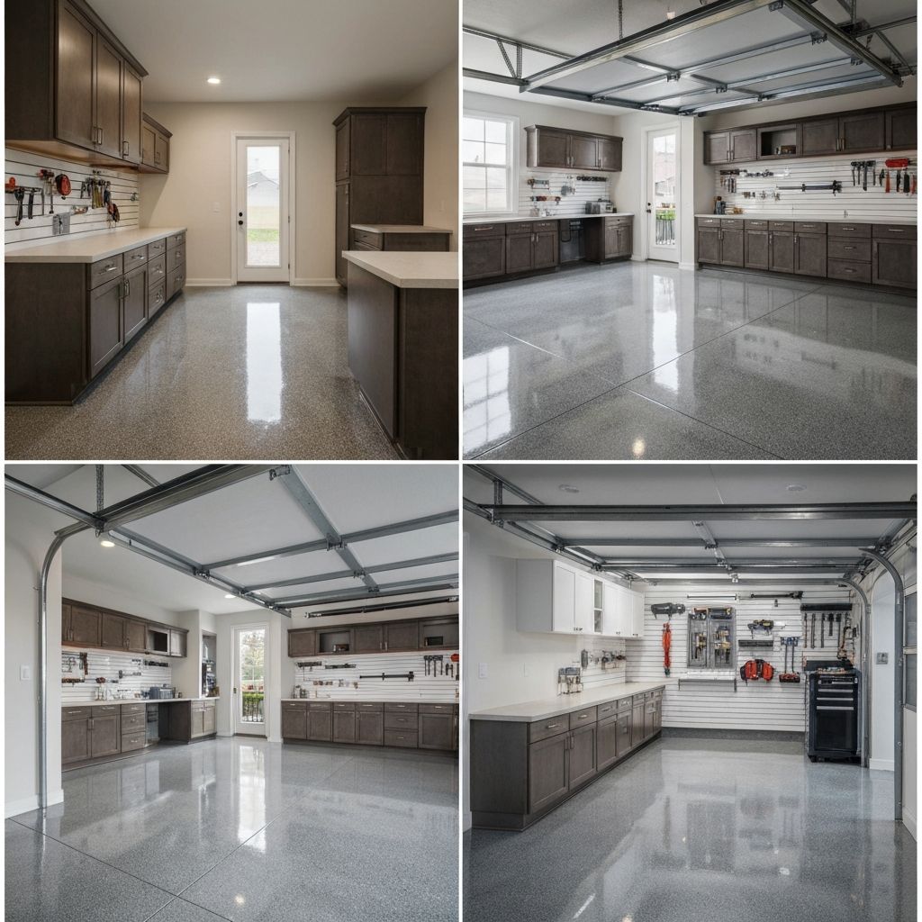 Peak Garage Solutions completed garage transformation showing epoxy flooring, custom cabinets, and slatwall organization
